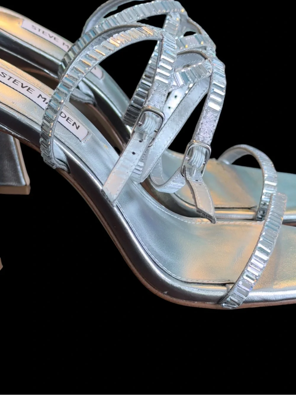 Steve Madden Thierry Silver Rhinestone Crystal Strappy Ankle Wrap Stiletto Heels
